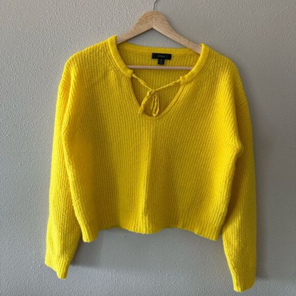 J Crew Cashmere Blend Bouclé Tie Front Beach Sweater in Bright Yellow Size XS - Picture 2 of 6